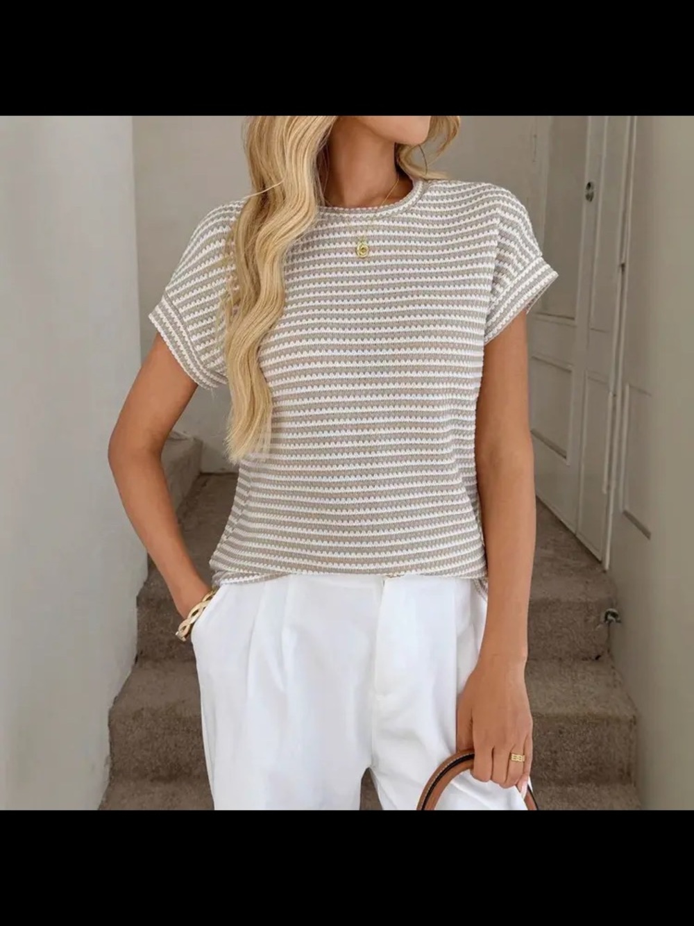 Striped Knit Short-Sleeve Top in Beige and White - Picture 2 of 4